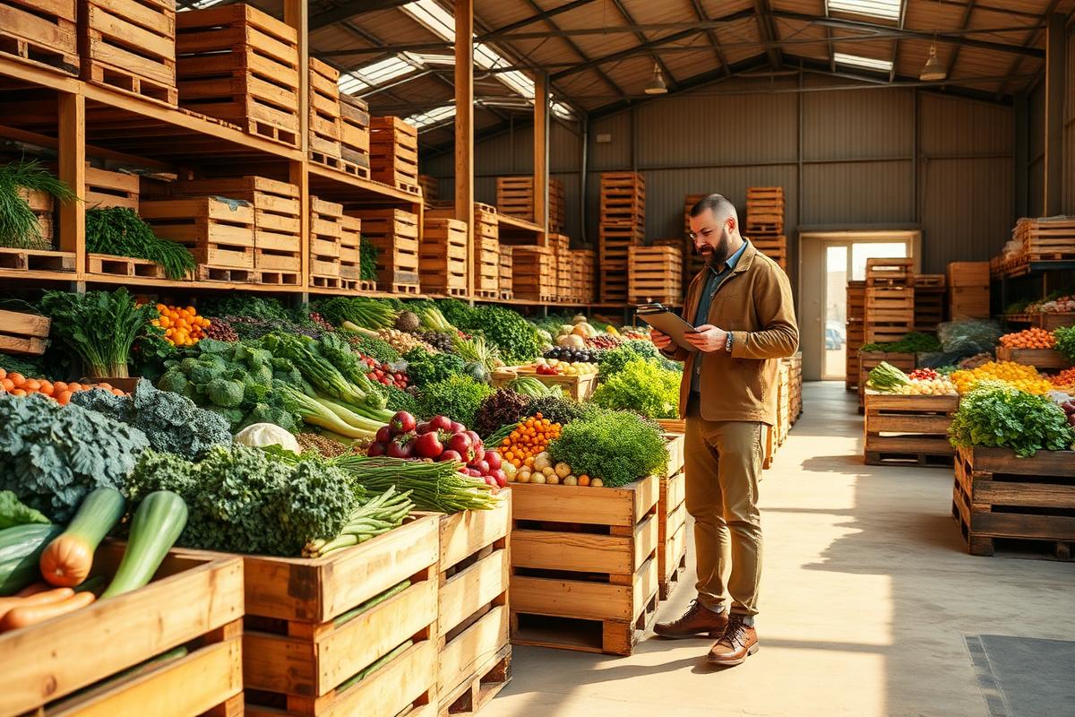 Caisses de légumes bio en gros dans un entrepôt pour acheteurs professionnels