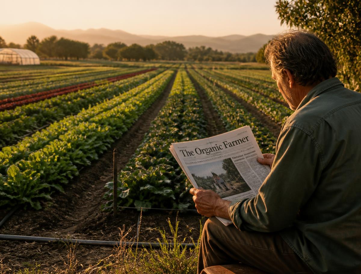 Journal de l'agriculture bio : un producteur lit l'actualité au bord de ses cultures
