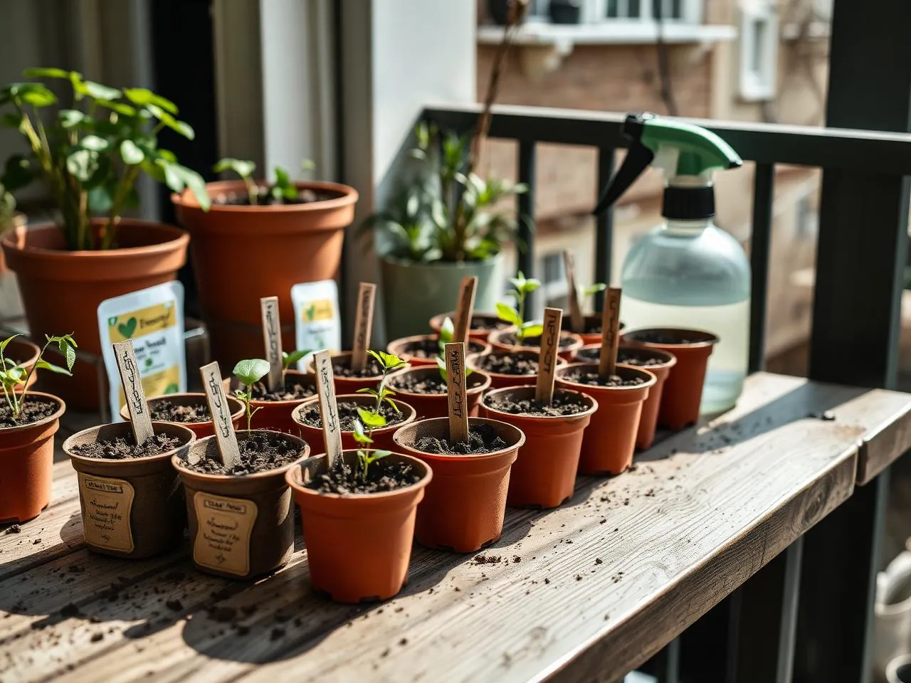 Semis en godets sur un balcon ensoleillé